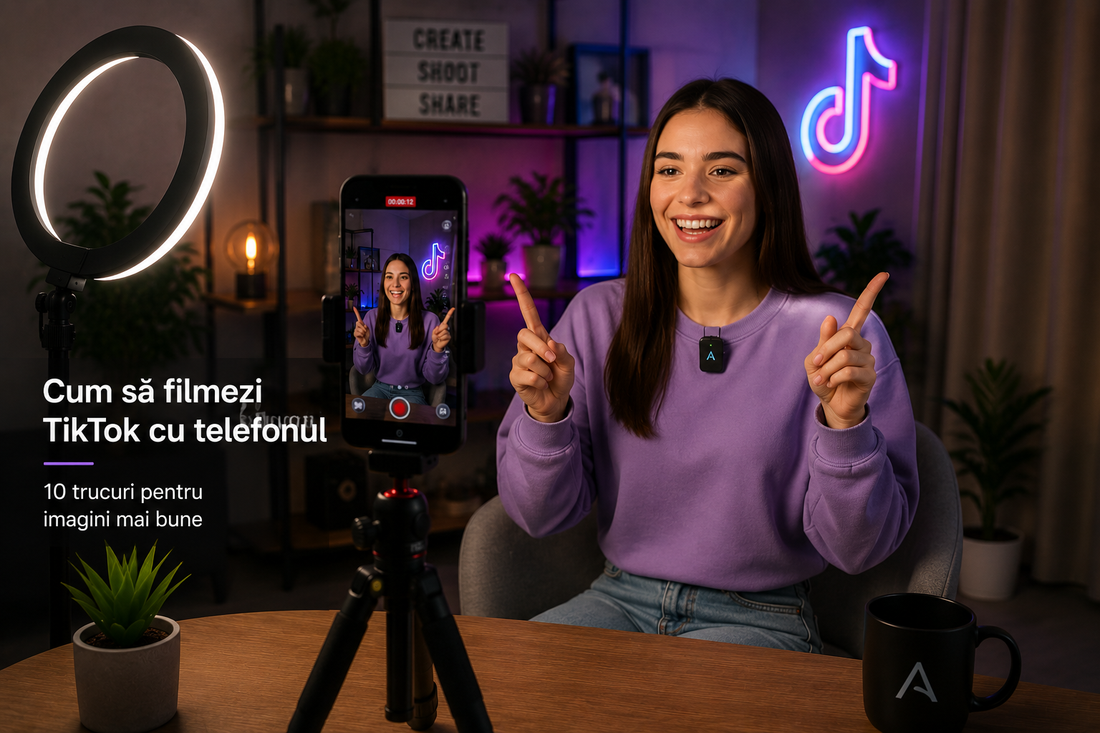Cum să filmezi TikTok cu telefonul, folosind trepied, ring light și setup pentru creare de conținut