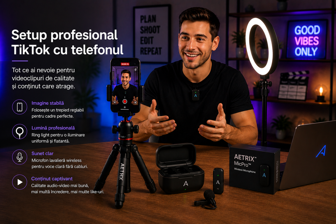 Setup profesional TikTok cu telefonul, trepied, ring light AETRIX și microfon lavalieră wireless pentru creare de conținut