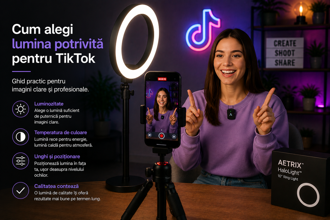 Cum alegi lumina potrivită pentru TikTok, cu ring light AETRIX HaloLight și telefon pe trepied