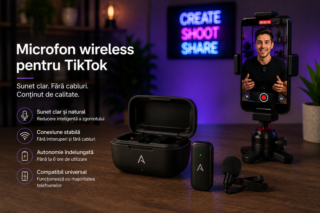 Microfon wireless AETRIX MicPro pentru TikTok, cu lavalieră, cutie de încărcare și telefon pentru filmare