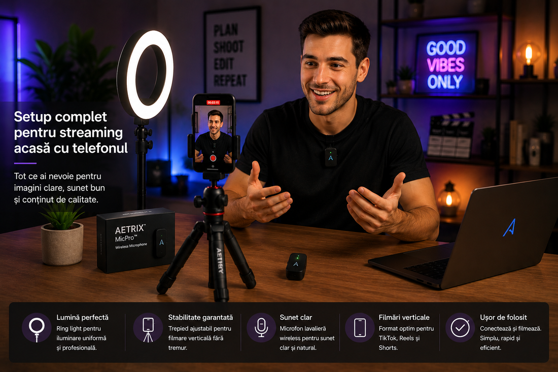 Setup streaming acasă cu telefonul, ring light, trepied și microfon lavalieră wireless AETRIX MicPro
