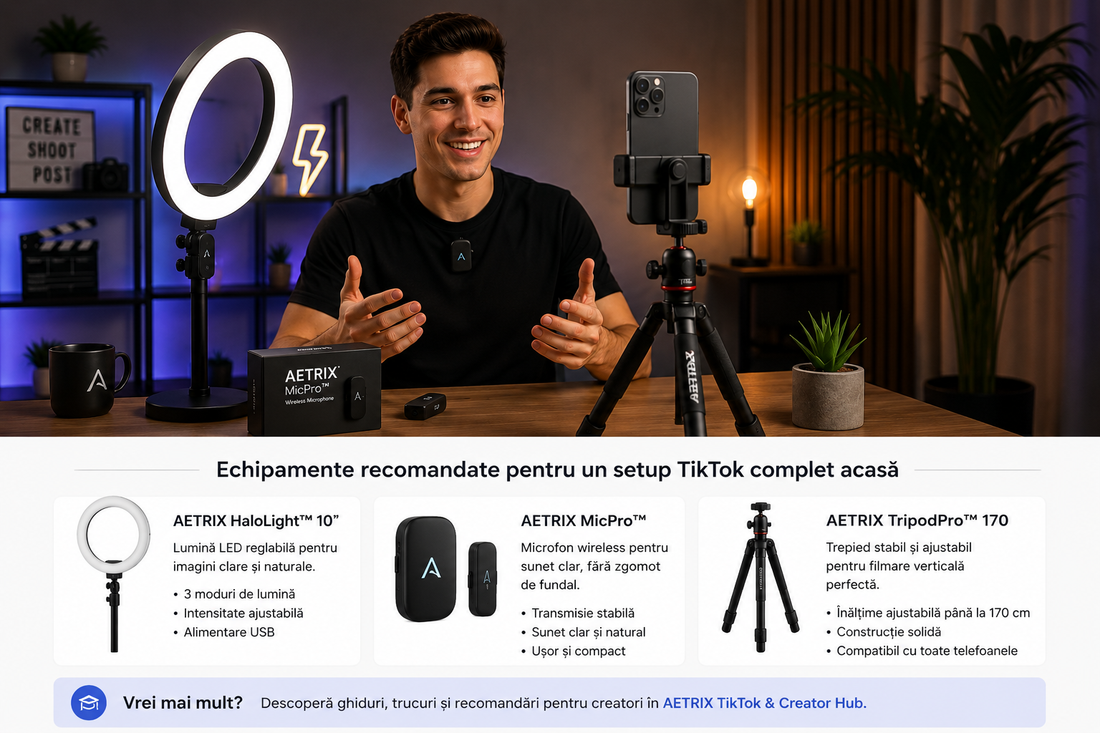 Setup TikTok complet acasă cu telefon, AETRIX HaloLight, microfon wireless și trepied pentru creare de conținut
